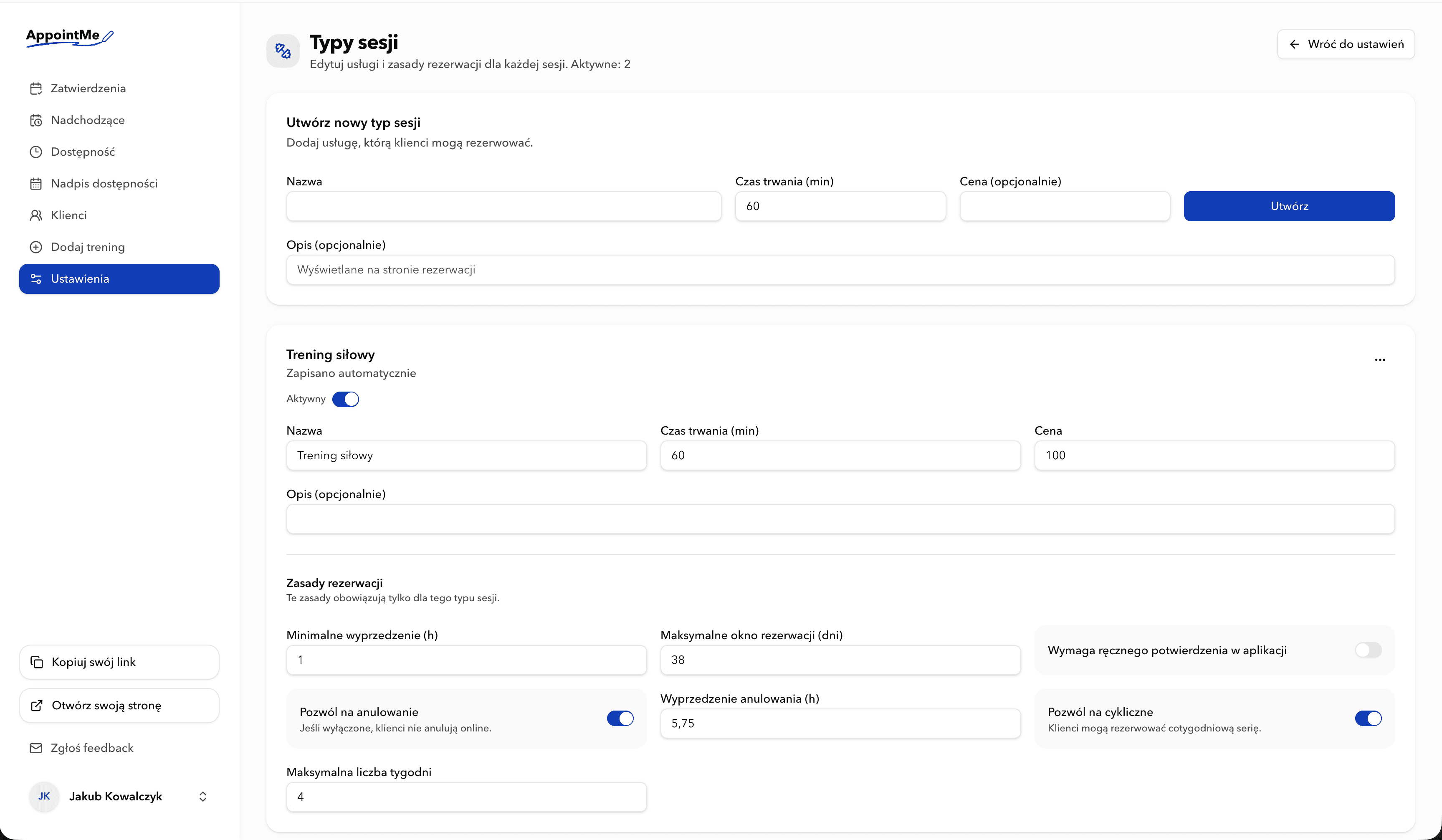 Lista typów sesji w AppointMe
