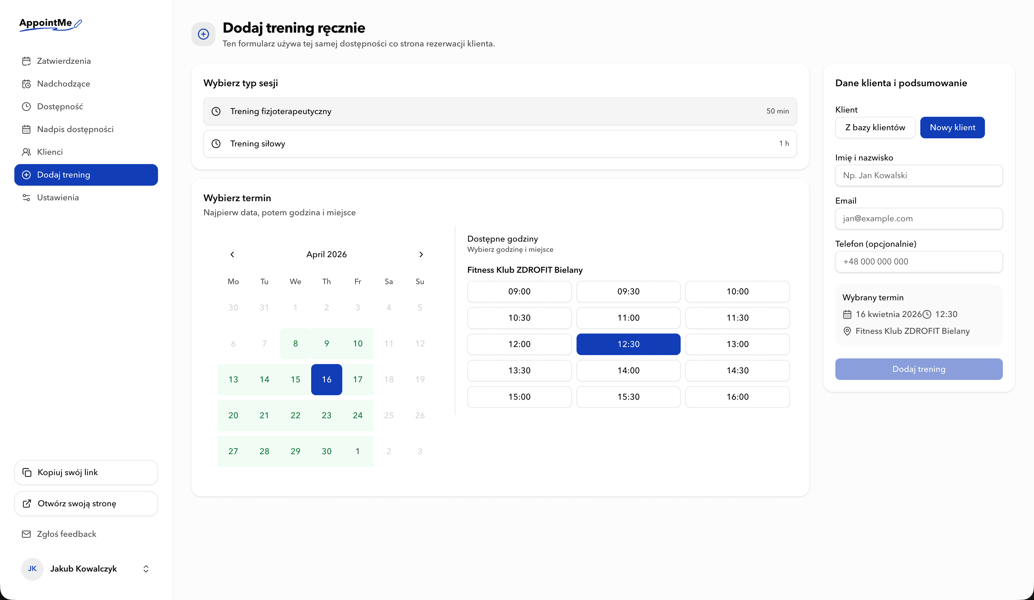 Szybki formularz w AppointMe