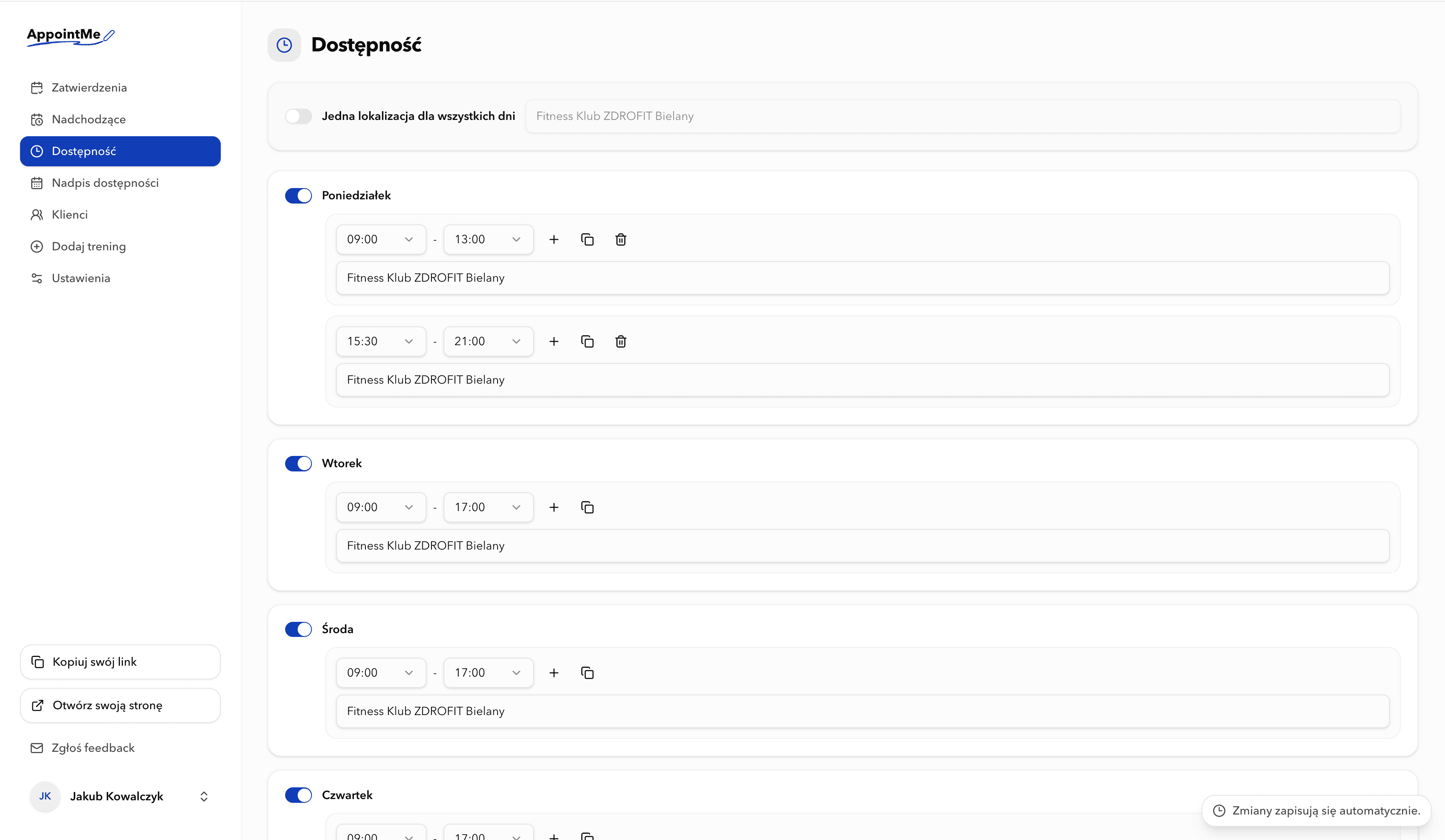 Ustawienia dostępności w AppointMe