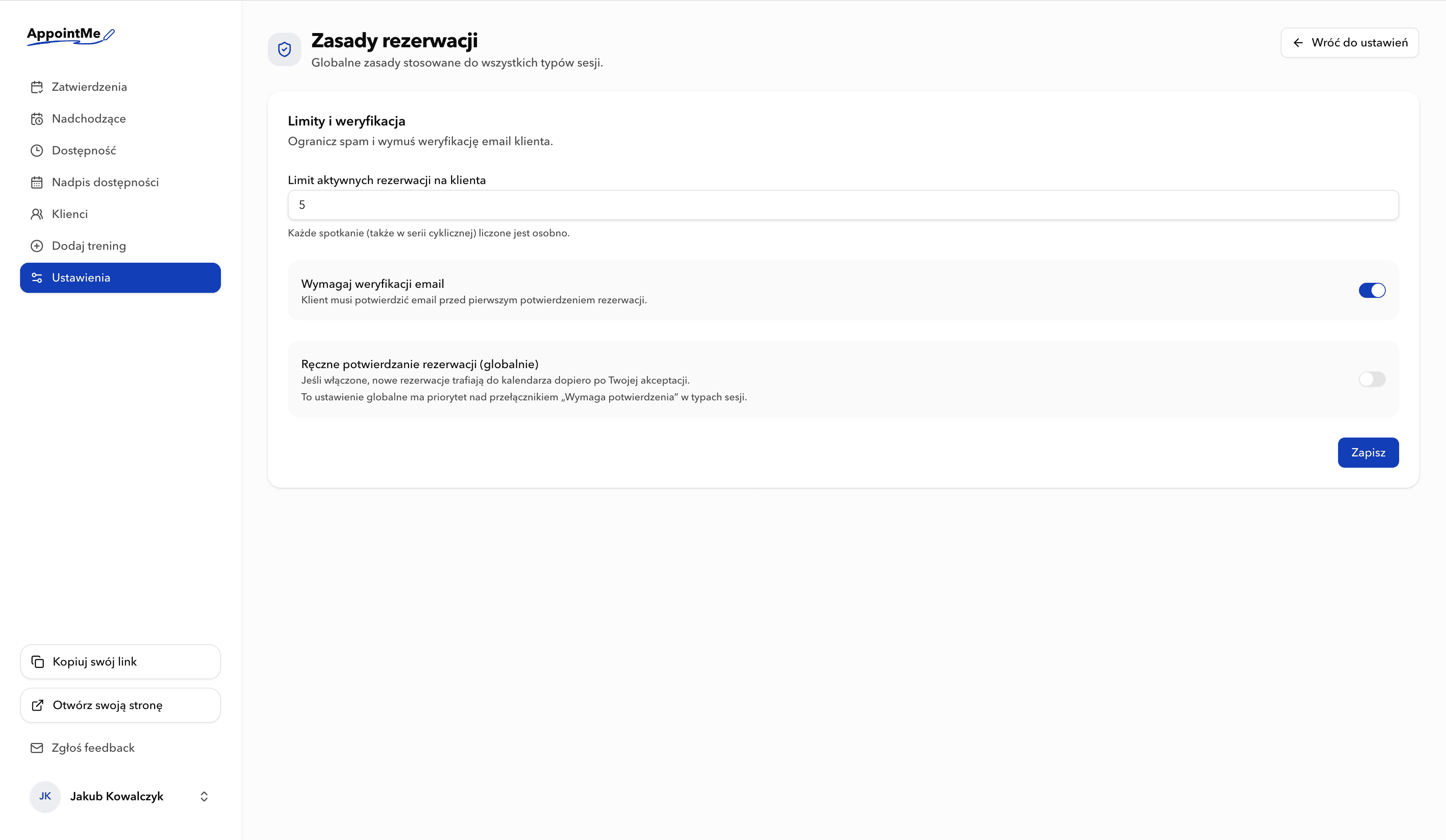 Dodatkowe ustawienia i zabezpieczenia w AppointMe