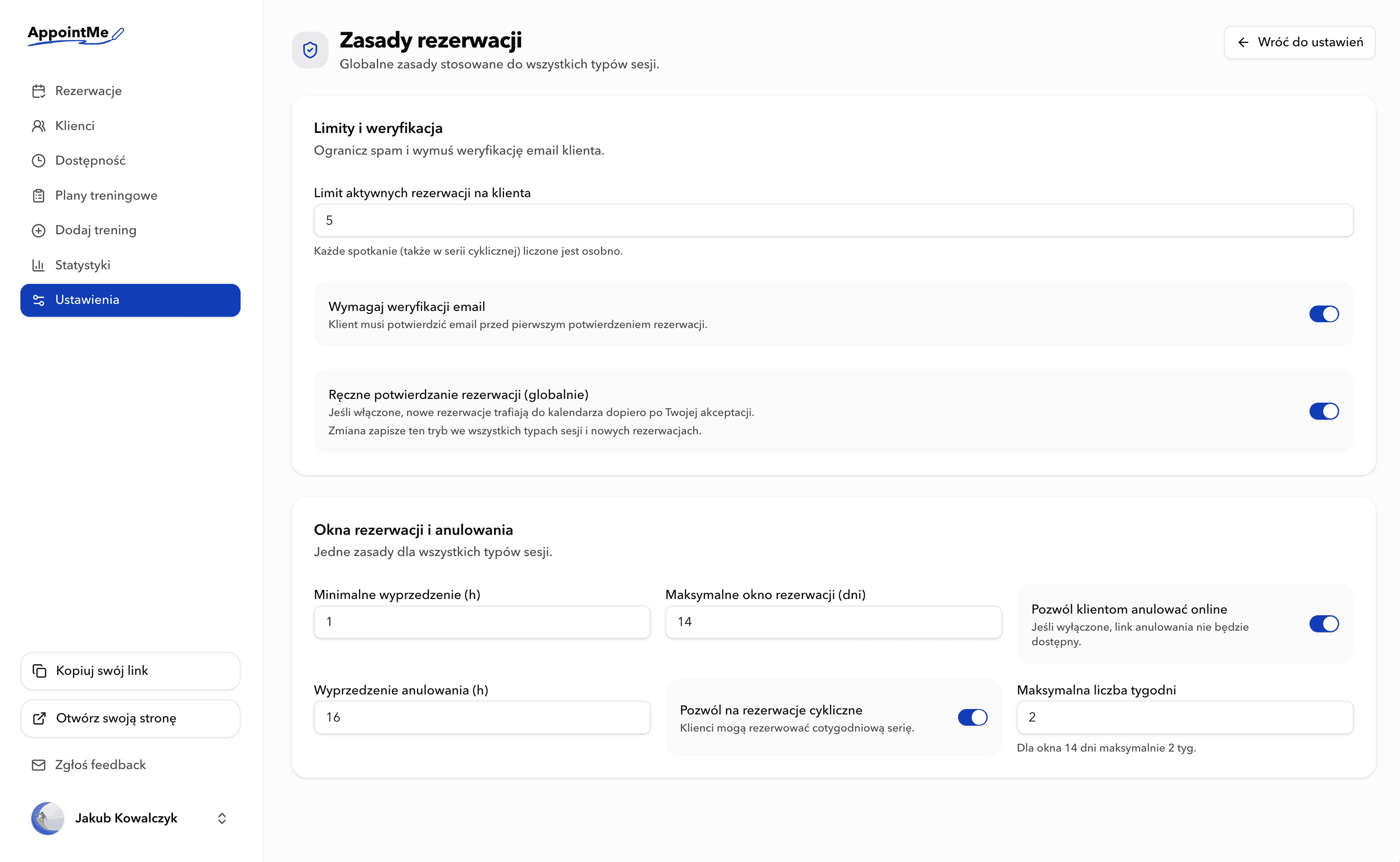 Dodatkowe ustawienia i zabezpieczenia w AppointMe